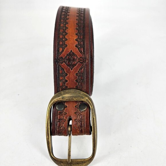 Brown Embossed Western Leather Belt Brass Buckle Size 40 Large 1.50" W USA - Picture 4 of 11